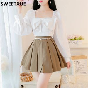 Dresses Sweetxue Sweet Cute 2021 Square Collar Retro Autumn Bow Beaded Blouse + High Waist Pleated Skirt Twopiece Set Women