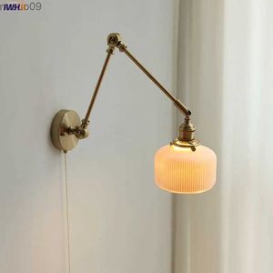 Wall Lamp IWHD Japan Style Copper Long Arm Wall Lamp Sconce Pull Chain Switch Beside Bedroom Stair Light Ceramic Lampshade Wandlamp LED