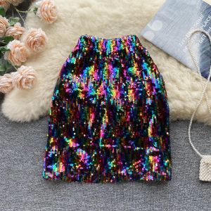 Dresses Spicy Girl Skirts High Waist Elastic Sequined Jupe Aline Mujer Faldas Mini Rainbow Bust Skirt Casual Women Clothes Dropshipping