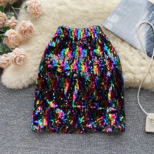 Kleider Spicy Girl Röcke Hohe Taille Elastische Pailletten Jupe Aline Mujer Faldas Mini Regenbogen Fehlschlag Rock Casual Frauen Kleidung Dropshipping