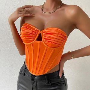 Women's Tanks Orange Fishbone Corset Camis Summer Streetwear High Elastic Halter Bustier Vest Slim Lingerie Tank Tops Pleated Clothes