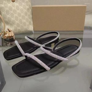 Sandaler Kvinnor Fashion Rhinestone Straps Sexig Squared Toe Flats Summer Female Beach Casual 41 Storlek Specialpris