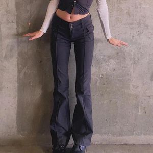 Women's Jeans Women Low-Rise Flared Pants Black Slim Side Pockets Solid Color Retro Skinny Y2K Trousers