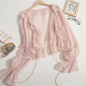 Cardigans långärmad vita svarta axlar för kvinnor cardigan formell festklänning som sommarklänningar jacka elegant wraps ruffle shawl cardigans