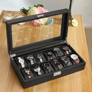 Leatherette 12 Slot Carbon Watch Box Fiber Design Jewelry Display Storage Holder Winder Black Large Watchs Box saat kutusu1207g