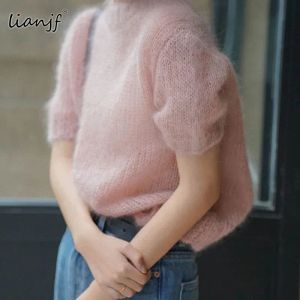 Pullovers SWEATER Ożyści Wysokiej jakości lato letnie 2021 Knitte Oneeck puste krótkie rękawie pullover solidny sweter seksowny gorący różowy sweter