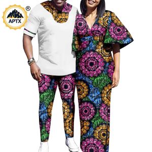 Klänning Dashiki African Men Outfits Top and Pants Set Matching Women Split Print Loose Long Dresses Couples kläder för fest Y22C046