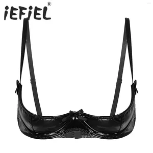 Bras Women Sexy Wetlook Leather Bra Erotic Breast Exposing Ladies Open Cup Latex Patent Crop Tops Nightclub Bralette