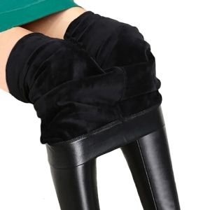 Leggings tjocka vinter leggings kvinnor byxor varma tights sexiga casual sammet leggings femme pu hög midja legging svart läder leggings 5xl