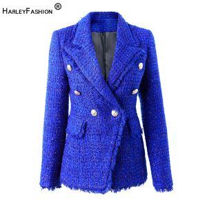 Blazers New Winter Thick Fabric Tweed Royal Blue Jackets för kvinnor 2022 Lysande mager lyx Lady Blazer