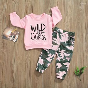 Conjuntos de roupas Mandizy Criança Bebê Menina Fall Outfits Abençoado Carta Imprimir Manga Longa Moletom Tops Camuflagem Calças Roupas Set