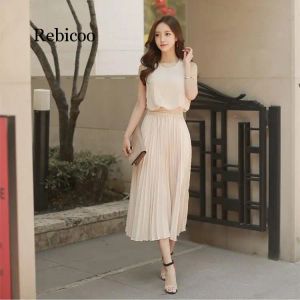 Vestidos boho roupas sem mangas saias plissadas retro mulheres saia de verão Mori Retro Office Use Bandage Chiffon Shairts