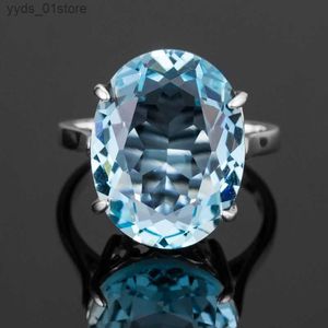 Bandringar Hot Oval Aquamarine Rings 10CT Gemstone March Birthstone 925 Sterling Silver Romantic Woman Ring for Wedding Engagement L240305