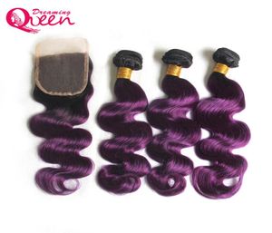 T1b Purple Color Body Wave Ombre Brasilian Virgin Human Hair Bundles 3 st med 4x4 spetsstängning naturlig hårfäste ombre hår bundl4337250