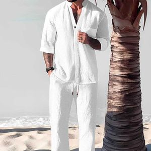 Herrspårar Casual V Neck Shirt Mens Two Piece Set Cotton Linen Tops and Pants Outfits Duits For Men Summer Leisure Pure Color Beach Set J240305