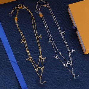 Vintage Crystal Clover Charm Chokers Double Chain Necklace luxury Brand Designer Statement Necklace Gold Silver Plated Stainless Steel Pendant Women Jewerlry