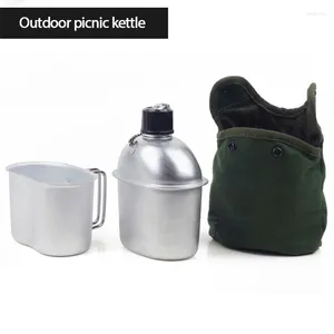 Vattenflaskor 1L Militär kantinpaket Portable Aluminium Cup Wood Spise Set med Nylon Cover Bag för camping Vandring av backpacking