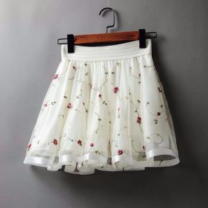 Платья корейские женские женские талию упругие вышитые сетчатые милые дамы Пушистые марли -мини -мини -женщины aline intbella короткая юбка