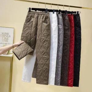 Capris Pantaloni di cotone leggero di grandi dimensioni in piuma Pantaloni harem dritti da donna con diamanti caldi pantaloni trapuntati a vita alta dritti