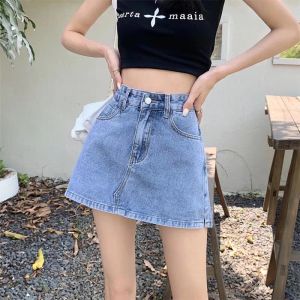 Kjol dueweer sommar en linje wrap kort hög midja mini denim jean kjol med shorts kvinnor haruku koreanska mode streetwear