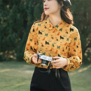 Gömlek Moda Fransa Bayanlar Gömlek Kadınlar Vintage Bluses 2022 Bahar Sonbahar Uzun Kollu Sevimli Kedi Gömlek Kadın Üstleri Blusas Mujer