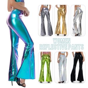 Capris Frauen sexy pu Leder Metallic Hosen glänzende holographische Flare Hosen Lady Elastic Taille Flared Hosen Tanz Performance Clubwear