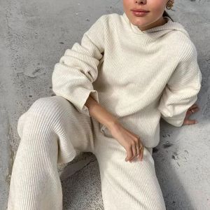 Suits Two Piece Sets Women Homewear Spring Rib Knitted Soft Pajamas Casual Solid Loose Hooded Tops And Wide Leg Pants Suit Sportswear