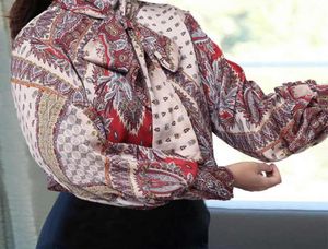 2020 Plus Größe Vintage Print Bluse Celmia Frauen Herbst Tops Mode High Neck Laterne Hülse Shirts Casual Fliege Satin tunika3203313