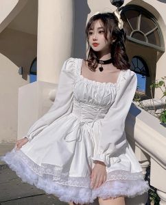 Kleid Süßes Puffärmelkleid Damen Y2K Quadratischer Ausschnitt Kawaii Spitzenbesatz Partykleidung Lolita Süßes weißes Prinzessinnenkleid Elegante Partykleider