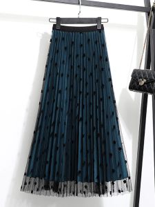 Sukienki Tigena Odwracalna plisowana spódnica midi dla kobiet w stylu vintage moda Flocking Allmatch Mesh A linia linia długa spódnica kobieta kobieta