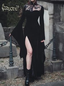 Dress WOWOOTD Clubwear Maxi Dress Goth Velvet Party Long Dress Black Side Split Flared Sleeve See Through Lace High Street Aesthetic
