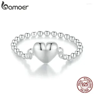 Cluster Anéis Bamoer 925 Sterling Silver Heart Ring Bead Chain Original Design Fine Jewelry Presente para Mulheres Partido BSR488