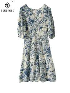 Dress Birdtree 100%Real Mulberry Silk Dresses For Women Blue And White Porcelain Puff Sleeve Elegant Long Dress Summer 2023 D36903QM