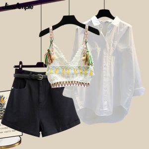 Sets Women Summer Fashion Matching Sets 2023 New Short Pants Shirt Knit Crops Tops Suits Lady Tassel Vest Blouse Trousers Outfits