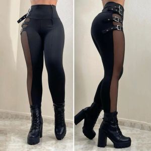 Capris Women Pencil Spodnie chude wysokiej talii Zamczepiona siatka Patch Solidny kolor streetwearu Kostka Dwaj ciasne spodnie Seksowne legginsy