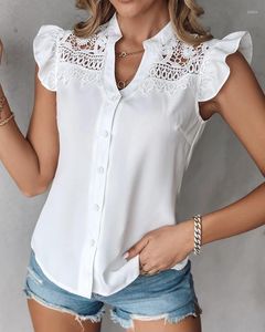 Camisas femininas Top Mulheres 2024 Verão Moda Flutter Sleeve Lace Patch Stand Casual Collar Play Short Daily Tee Y2K roupas