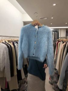 Cardigans Mink Cashmere Dzianin Cardigan Coat Korean Fashion Solid O Neck Krótki niebieski sweter Mohair Dziki polar
