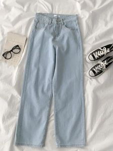 Calças de brim retro lavado luz azul jeans para as mulheres 2022 primavera outono chique cintura alta calças perna larga feminino casual solto calças jeans