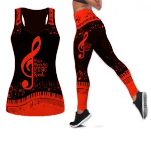 Anzüge Sexy Digital Lustige Musical Note 3D Druck Ärmelloses Shirt 2023 Sommer Neue Weste für Frauen Yoga Tank Tops Anzüge Leggings Anzug