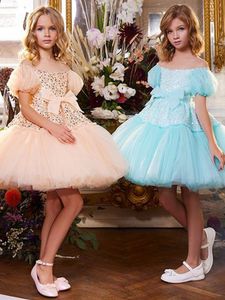 Little Baby Flower For Bling Appliques Girl Pageant Off Shoulder Cap Sleeves Tulle Gowns Princess Ball Gown Wedding Party Dresses 403