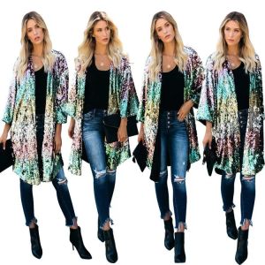 Jacken Großhandel Artikel Coloful Open Sparkling Pailletten Lange Mäntel Damen Strickjacke Tops 2021 Frühling Frau Jacke