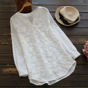 BLOUSE EMBRODERY BLOUSE Women Plus Size Tunic Spring Autumn Casual V Neck Women Bluses Långärmad rosa blusskjortor Kvinnor 2023