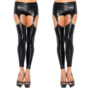 Leggings Sexy Shiny Punk Gothic Kunstleder Leggings Erotische Wet Look PVC Leggings Hollow Out Temptation Slim Latex Hose Hose