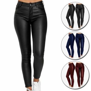 Capris Pantaloni casual in pelle di colore puro moda Pantaloni piccoli piedi Pantaloni caldi da donna Pantaloni attillati sexy a vita alta elasticizzati