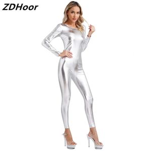 Womens Metallic Shiny Unitard Dancewear Round Neck Long Sleeve Slim Fit Full Body Bodysuit Clubwear Festival Costumes 240301