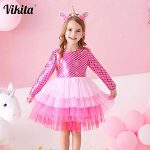 Abiti Vikita Brand Girls Dress Elegante bambini Tutu Dress Bambini Manica lunga Principessa Abiti Ragazze Abiti da festa Abbigliamento per bambini