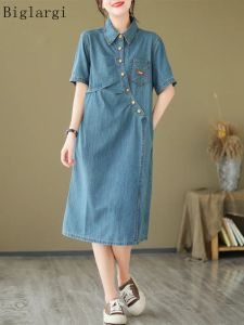 Kleid Übergroßen Denim Sommer Midi Kleid Frauen Plissee Casual Lose Shirt Damen Kleider Vintage Mode Kleid Frau 2023