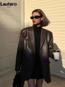 Куртки Lautaro, осенние, черные, коричневые, из мягкой искусственной кожи, женский пиджак с подплечниками, однобортный с длинным рукавом, свободный, повседневный, корейский, модный