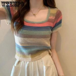 Pullover Wtempo y2k gestrickte Tops Frauen Mode Regenbogen gestreifte Tunika -T -Shirts Frauen New Korean Summer Lose Casual Tshirts Großhandel