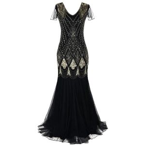 Klänning 2023 Kvinnor 1920 -talet Great Gatsby Dress Long 20s Flapper Dress Vintage V Neck Short Sleeve Maxi Party Dress for Prom Cocktail SXL SXL